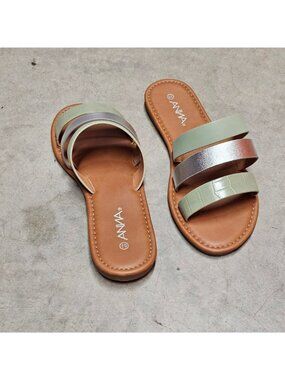 Womens Triple Strap Slide Sandals With Metallic & Green Color